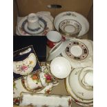 Box containing a quantity of various table ware, including Crown Derby, Royal Albert, Wedgewood,