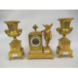 19th Century French ormolu clock garniture, the clock mounted with a classical figure and flanked by