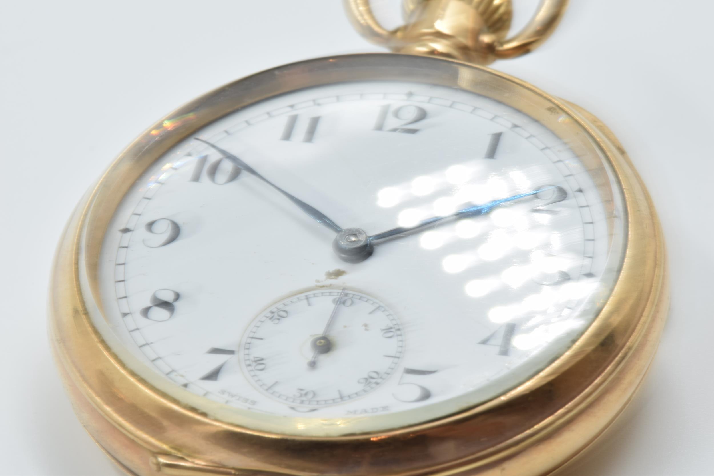 Gold plated open face pocket watch by Elgin, USA, the enamel dial with Roman numerals and subsidiary - Image 5 of 5