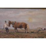 Oil on board, figure with plough team in a field, attributed to Harold Swanwick on label verso, 7.