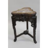 Good quality 20th Century Chinese triangular carved hardwood and marble inset jardiniere stand,