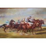 20th Century oil on canvas, race horses and riders at the start, unsigned, 24ins x 35.5ins, gilt