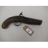19th Century flintlock pistol, the barrel with proof marks, having a mahogany stock (at fault)