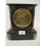 Late 19th Century black slate marble mounted mantel clock, the gilded dial with Roman numerals and a