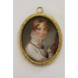Early 19th Century oval miniature of a lady with white ruff collared blouse and coral necklace in