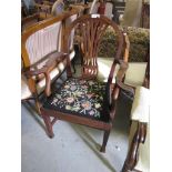 19th Century mahogany Hepplewhite style open elbow chair with carved scroll arms, together with