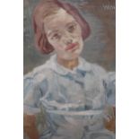 Oil on board, portrait of a young lady in a blue dress, signed Walker, 21ins x 15ins