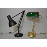 Modern Anglepoise lamp finished in matt black, together with a modern brass desk lamp with green