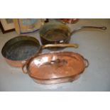 Two large 19th Century copper cooking pans and an oval two handled cooking pan with lid (at fault)