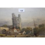 G. Earp, watercolour, figures before a town gate and castellated tower, signed G. Earp, 9ins x 13.
