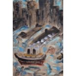 Naive style oil on canvas, American steam boat by a port, 18ins x 15ins