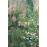 Oil on board, summer garden scene attributed on label verso to Patrick Leonard, 10ins x 8ins