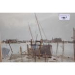 P. W. Steer signed watercolour, harbour scene with moored boat, 9.5ins x 12ins