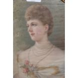 Oval gilt framed print on silk, head and shoulder portrait of a lady, 11ins x 9ins