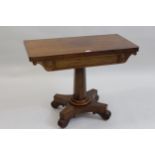 Victorian rectangular mahogany fold-over card table, raised on octagonal tapering support,