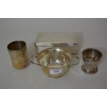 Victorian silver beaker (at fault), London silver two handled sugar bowl and a small silver mug (