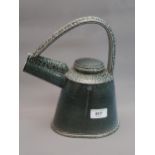 Walter Keeler (born 1942), salt glazed stoneware teapot and cover with stylised handle and