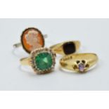 18ct Yellow gold gypsy style ring set amethyst, together with a 14ct gold green stone ring, 9ct gold