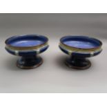Pair of Royal Doulton stoneware tazzas of typical design with mottled blue ground, 7.5ins diameter