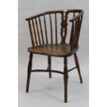 George III elm and yew wood Windsor chair with a pierced splat and turned spindle back, shaped