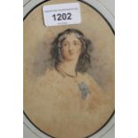 19th Century English school, watercolour, portrait miniature of a girl wearing a floral headband,