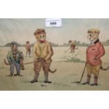 After Louis Wain, 20th Century watercolour, cats golfing, gilt framed, 8ins x 13.75ins