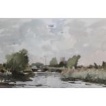 Edward Wesson, watercolour, river scene with moored boat and distant church, signed, 12.5ins x