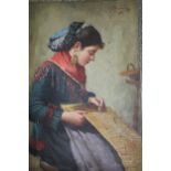 C. Passarelli, pair of 20th Century Italian school oils on board, seated girls weaving, signed,
