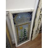 Late 20th Century leaded coloured glass window panel, titled ' Conifers ', (for restoration), in