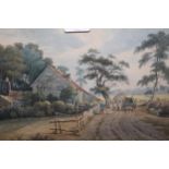 19th Century English school, watercolour, figures on a country lane before a cottage with dog and