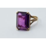 9ct Gold rectangular amethyst set ring Stone approximately 25 x 12mm Ring size H / I Signs of
