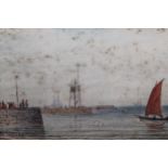 Small 19th Century watercolour, figures on a jetty with boats beyond, 3ins x 4.5ins, rosewood framed