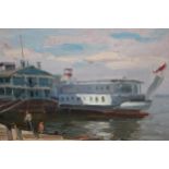 Russian oil on board, river scene with boats and figures on a quayside, signed, inscribed and