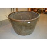 Large brass two handled coal bin (at fault), 15ins high x 23ins diameter