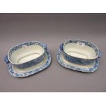 Pair of Leeds pottery blue and white transfer printed sauce tureens with integral handles and