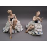Pair of large 20th Century Wallendorf porcelain figures of seated lady dancers, 10ins high