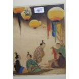 Dorsey Potter Tyson, coloured etching, Chinese figures with lanterns, 11.75ins x 9.75ins, signed