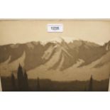 Alfred Hartley, signed etching, landscape with snow capped mountain range, 9ins x 12ins