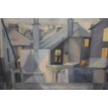 Camberwell school oil on board, view of houses with figure at a window, indistinctly signed, 17.5ins