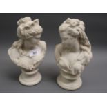 Pair of W.H. Goss white parian busts of ladies, 9.5ins high (some chips to one socle) Condition as