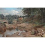 Late 19th / early 20th Century Scottish school, oil on canvas, children playing on the banks of a