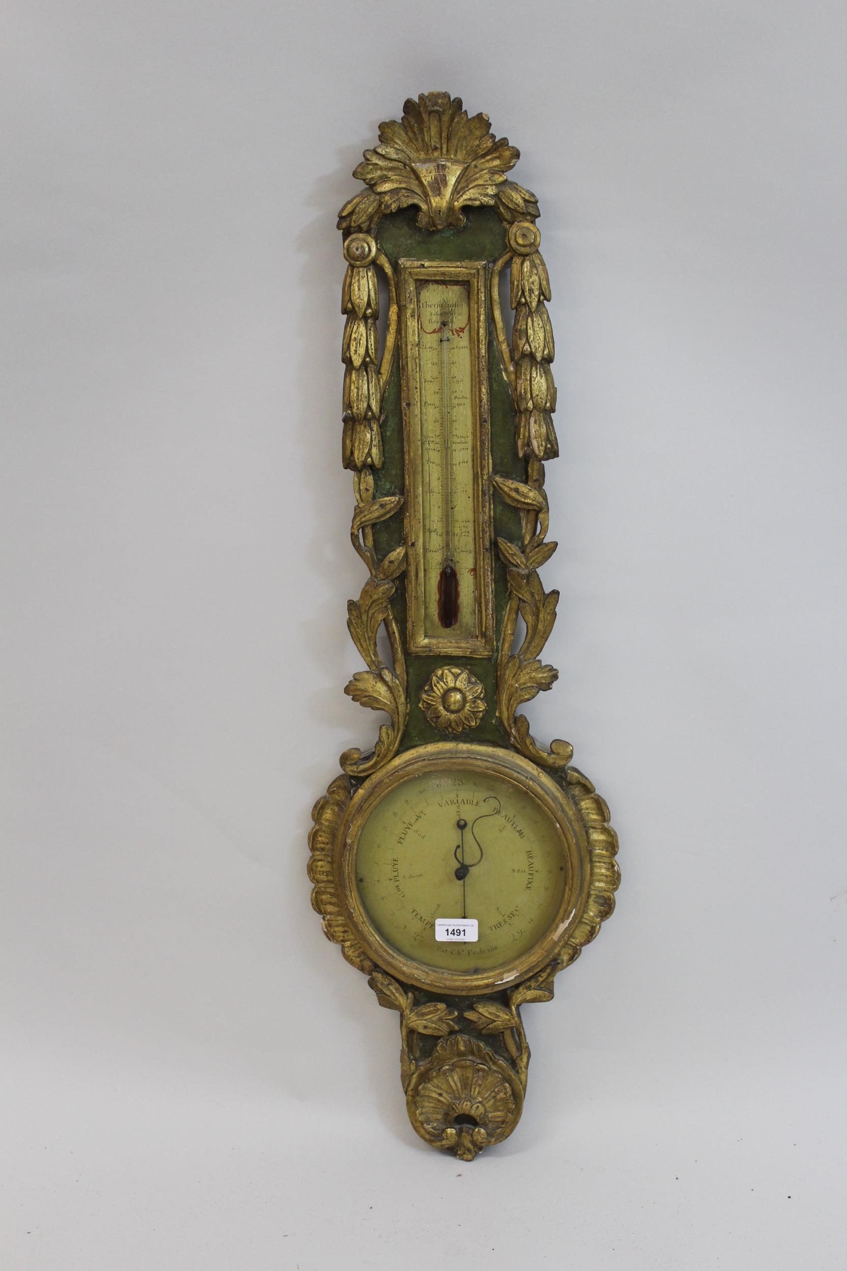 18th / 19th Century French carved giltwood and painted mercury barometer, the painted wooden dial