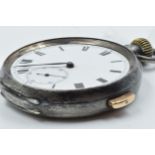 Early 20th Century gun metal cased open face pocket watch, the enamel dial with Roman numerals and