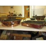 19th Century copper two handled cooking pan and another rectangular pan (lacking handle)