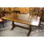 Good quality reproduction oak refectory style dining table with a set of eight ( six plus two )