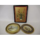 Small oval silkwork picture, coastal scene, an oval Baxter type print and a modern Chinese plaque