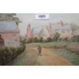 Warren Williams ARCA, watercolour, figure on a country lane with cottages beyond, signed, 8ins x