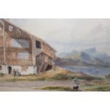 19th / 20th Century Continental school, watercolour, alpine chalet in a mountain lake scene,