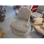 Near pair of late 20th Century, limed beechwood and blue check upholstered open armchairs, in 18th