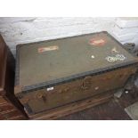 Early to Mid 20th Century travel trunk by overpond bearing Cunard line baggage labels 14ins high x